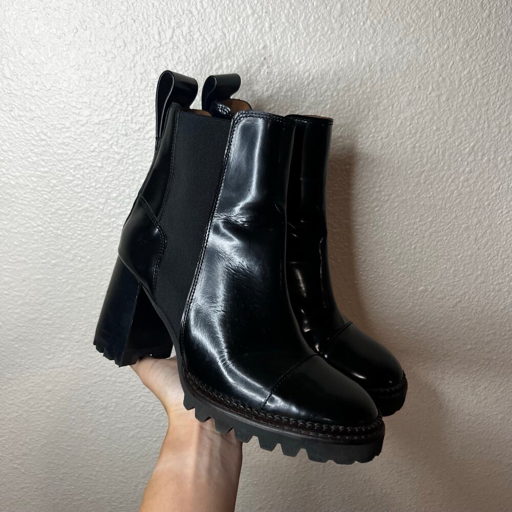 See by Chloé Mallory black glossy patent leather lug sole boots WOMENS 39 US 9